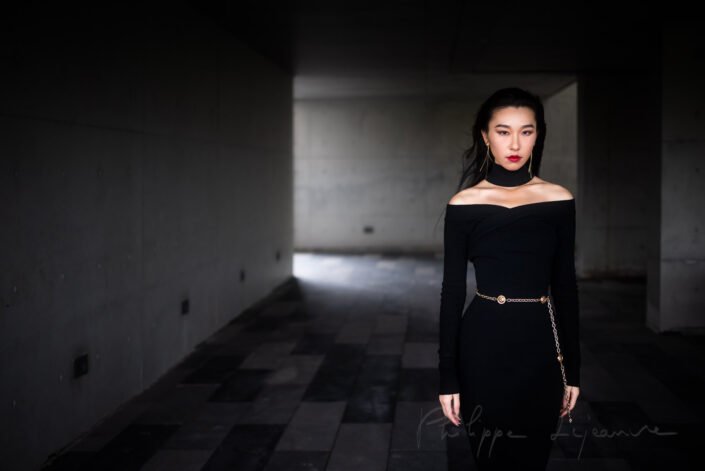 Young woman wearing a black dress portrait in Chengdu, Sichuan province, China