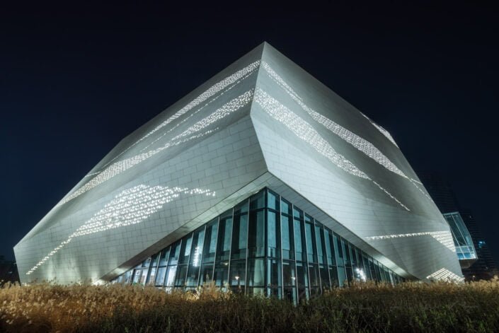 Chengdu Natural History Museum illuminated at night architecture details, Chengdu, Sichuan province, China