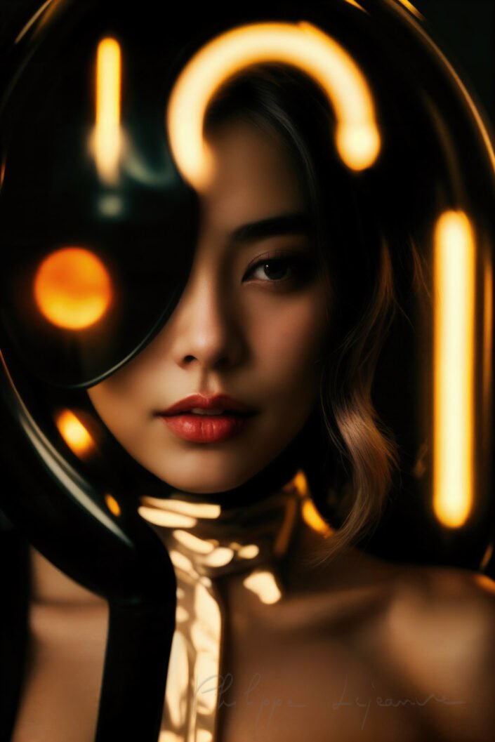 Young blond asian woman AI retro futuristic portrait with neon lights. Made with Stable Diffusion 1.5