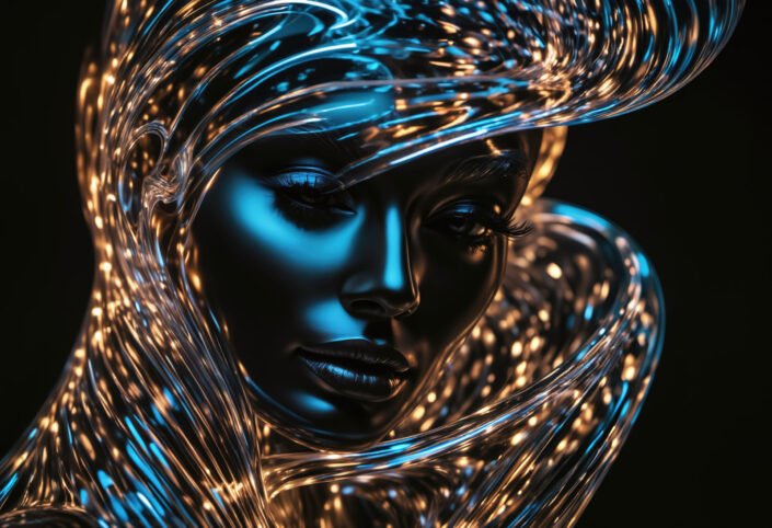 Abstract translucent view of a woman profile face with shapes of light on a black background