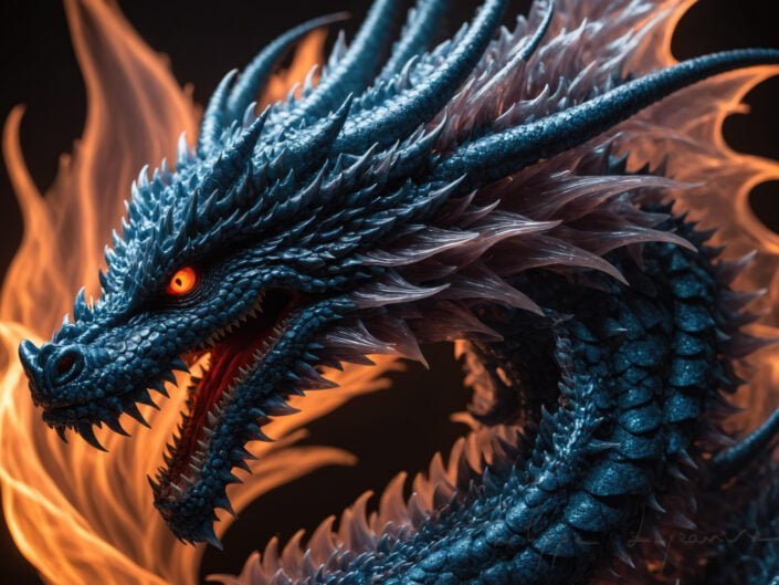 Blue dragon head with orange eyes with flames on a black background - Ai generated illustration