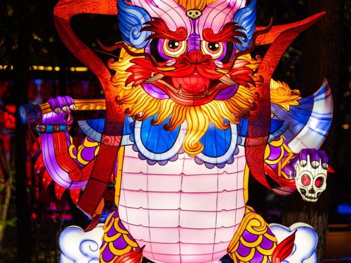 Dragon lantern illuminated at night for the year of the dragon in Chengdu, Sichuan province, China