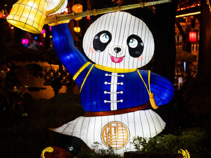 Panda lantern illuminated at night for the year of the dragon in Chengdu, Sichuan province, China