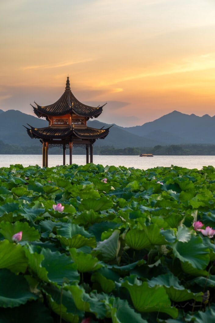 Jixian Pavilion with its intricate wooden structure and ornate roof perched on stilts above the water's surface. In the foreground, vibrant green leaves and delicate pink lotus blossoms add to the tranquil atmosphere. Beyond this peaceful lakeside view lies a majestic mountain range that forms a picturesque backdrop against the soft hues of the sunset sky. Boats can be seen gently floating across the calm waters, enhancing the sense of serenity conveyed by this stunning landscape shot from Hangzhou, Zhejiang province, China.