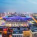 New Century Global Center aerial view panorama at blue hour, Chengdu, Sichuan province, China