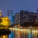 Chengdu city skyline at night with WangJiangLou pagoda, Sichuan province, China